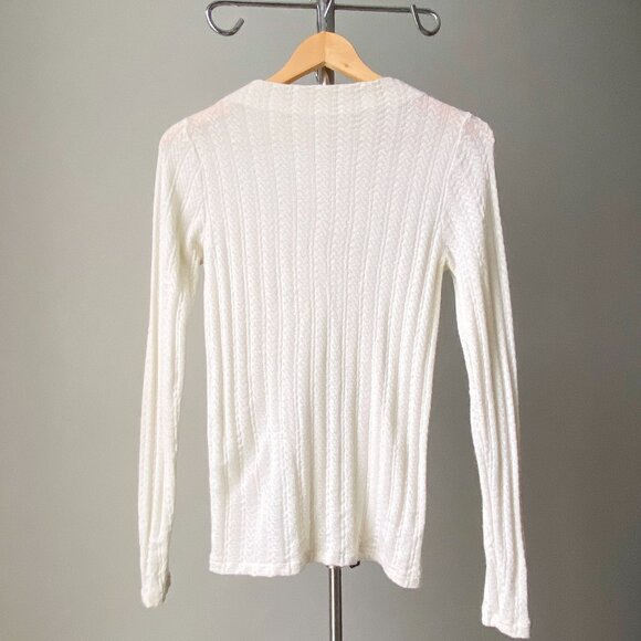 ❄️  Modern Cream Long Sleeves Cable Knit Mock-Neck Second Skin Silk Wool Sweater - Picture 3 of 6